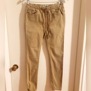 Revamped Denim Tan Skinny Drawstring Elastic Waist Pockets Front Back Woman 2